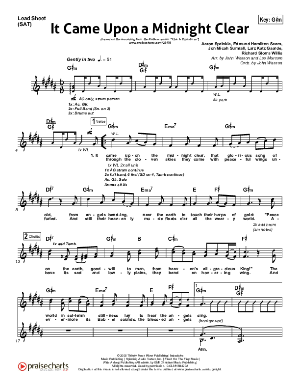 It Came Upon A Midnight Clear Lead Sheet (Kutless)