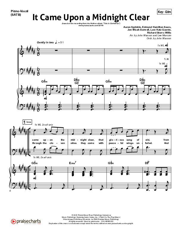 It Came Upon A Midnight Clear Piano/Vocal (SATB) (Kutless)