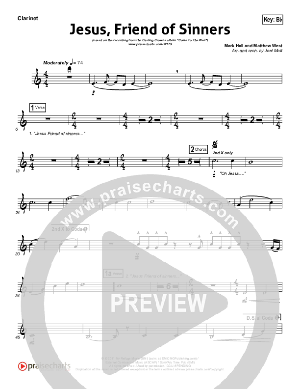 Jesus Friend Of Sinners Clarinet (Casting Crowns)