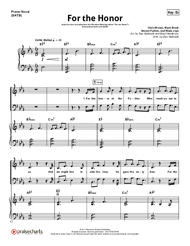 For The Honor Piano/Vocal (SATB) (Elevation Worship)