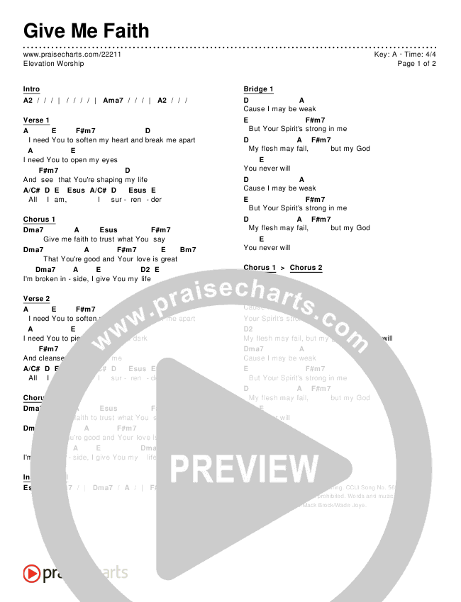 Give Me Faith Chord Chart (Editable) - Elevation Worship | PraiseCharts