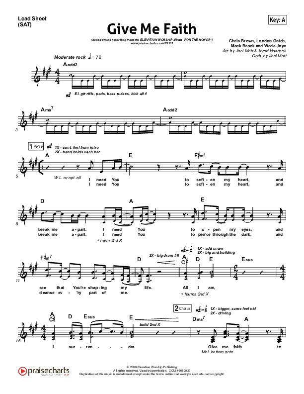 Give Me Faith Lead Sheet (SAT) (Elevation Worship)