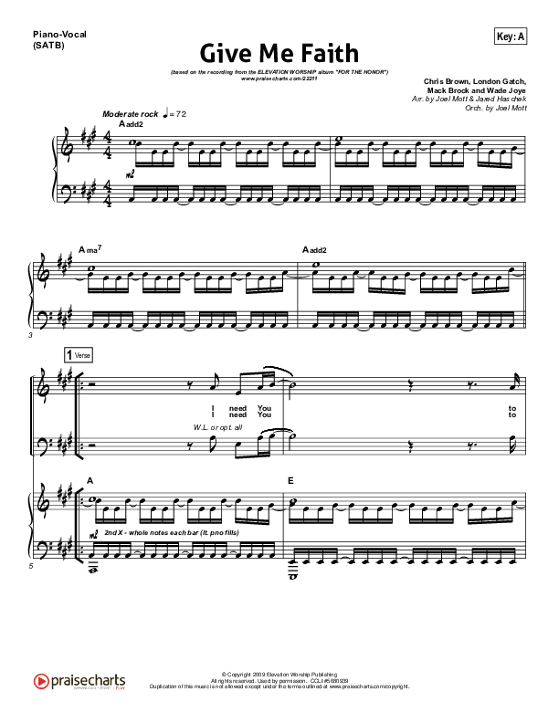 Give Me Faith Piano/Vocal (SATB) (Elevation Worship)