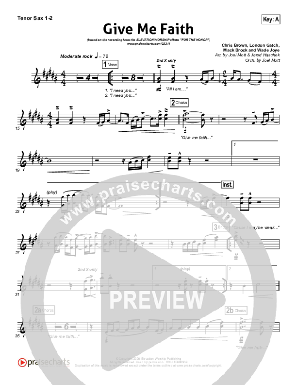 Give Me Faith Tenor Sax 1/2 (Elevation Worship)
