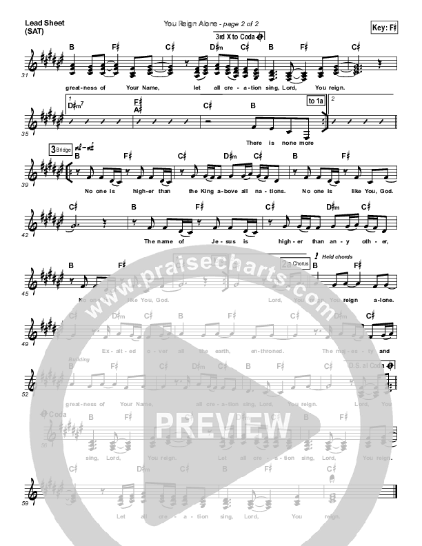 You Reign Alone Lead Sheet (SAT) (Elevation Worship)