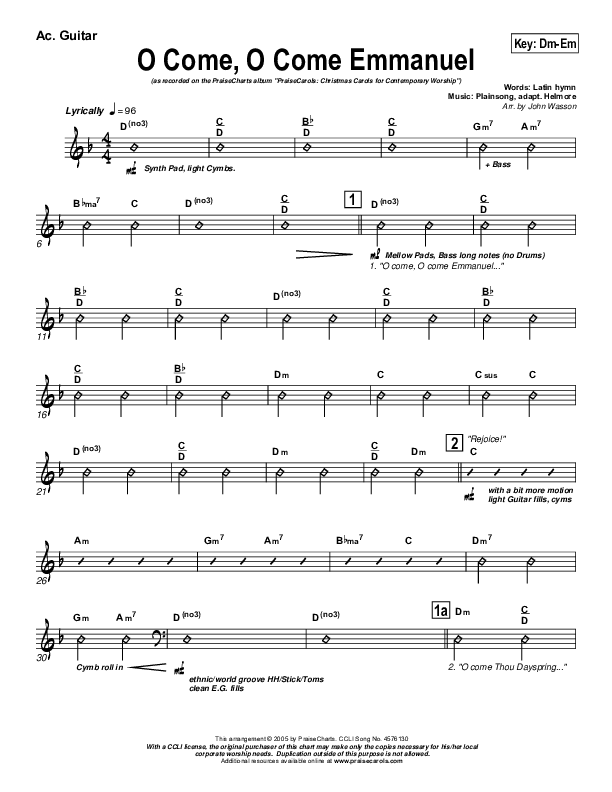 O Come O Come Emmanuel Acoustic Guitar (PraiseCharts Band / Arr. John Wasson)