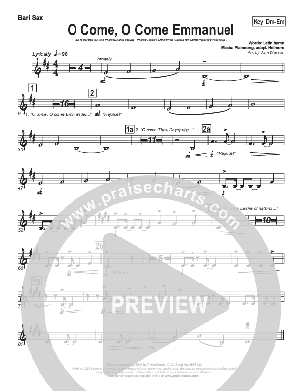 O Come O Come Emmanuel Bari Sax (PraiseCharts Band / Arr. John Wasson)