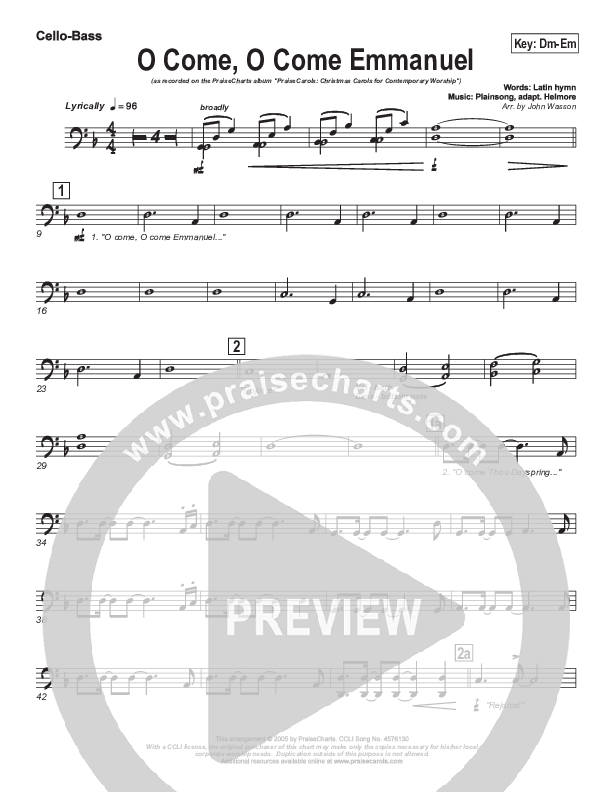 O Come O Come Emmanuel Cello/Bass (PraiseCharts Band / Arr. John Wasson)