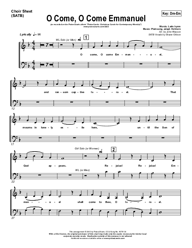 O Come O Come Emmanuel Choir Vocals (SATB) (PraiseCharts Band / Arr. John Wasson)