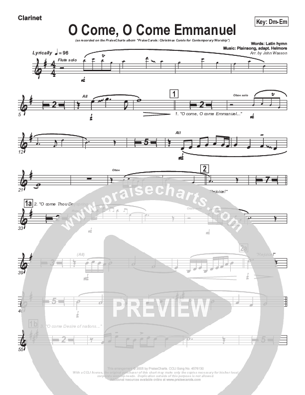 O Come O Come Emmanuel Clarinet (PraiseCharts Band / Arr. John Wasson)