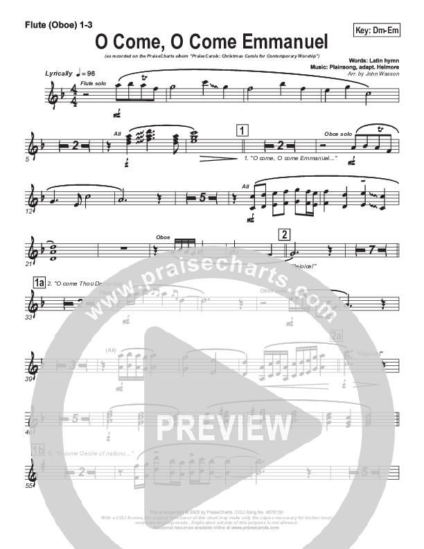 O Come O Come Emmanuel Flute/Oboe 1/2/3 (PraiseCharts Band / Arr. John Wasson)
