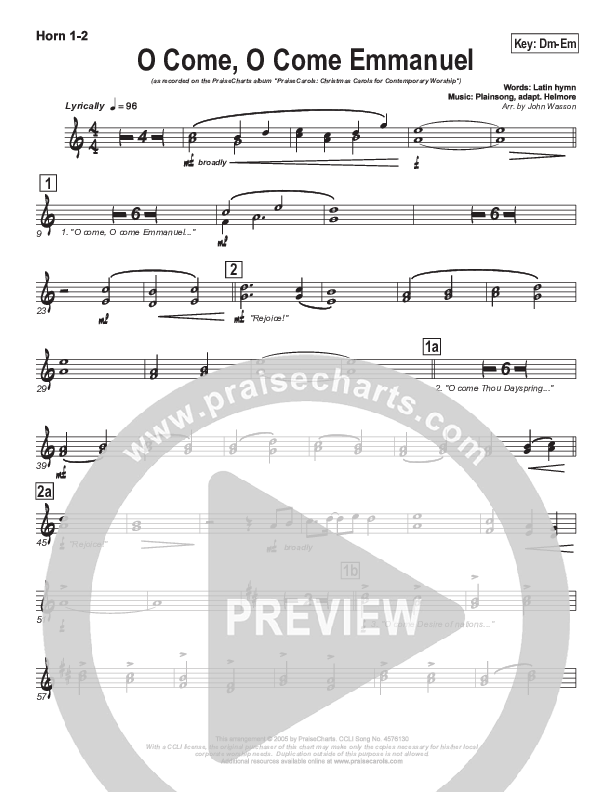 O Come O Come Emmanuel French Horn 1/2 (PraiseCharts Band / Arr. John Wasson)