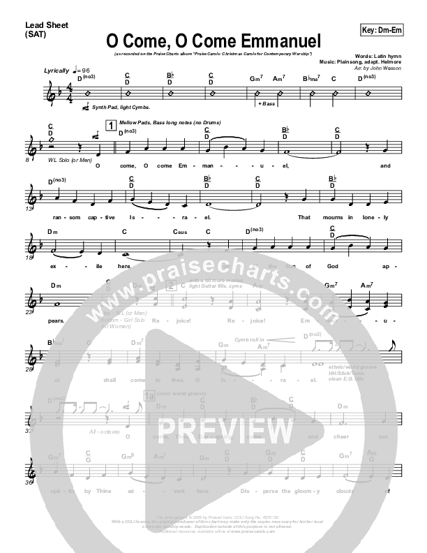 O Come O Come Emmanuel Lead Sheet (SAT) (PraiseCharts Band / Arr. John Wasson)