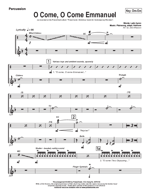 O Come O Come Emmanuel Percussion (PraiseCharts Band / Arr. John Wasson)