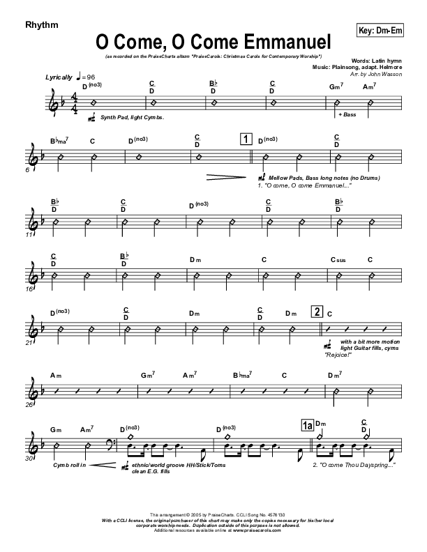 O Come O Come Emmanuel Rhythm Chart (PraiseCharts Band / Arr. John Wasson)