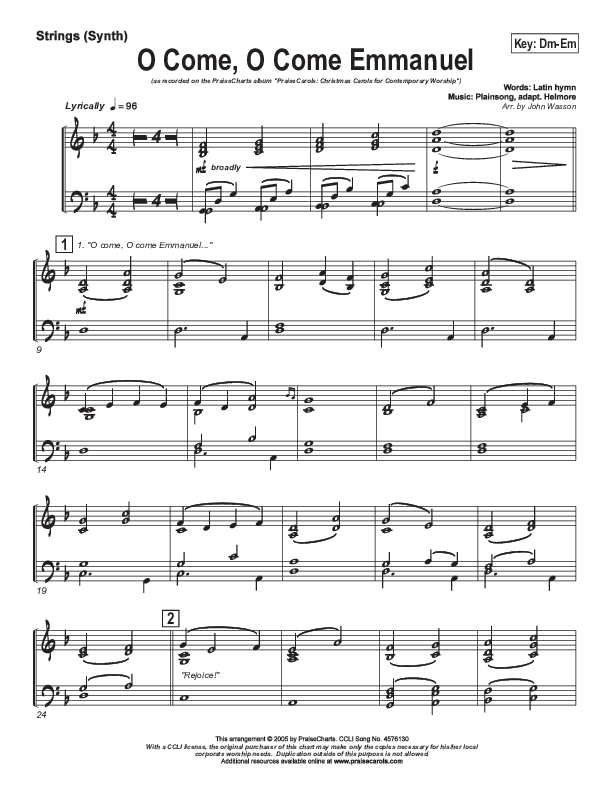 O Come O Come Emmanuel Synth Strings (PraiseCharts Band / Arr. John Wasson)