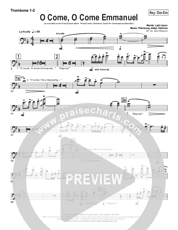 O Come O Come Emmanuel Trombone 1/2 (PraiseCharts Band / Arr. John Wasson)