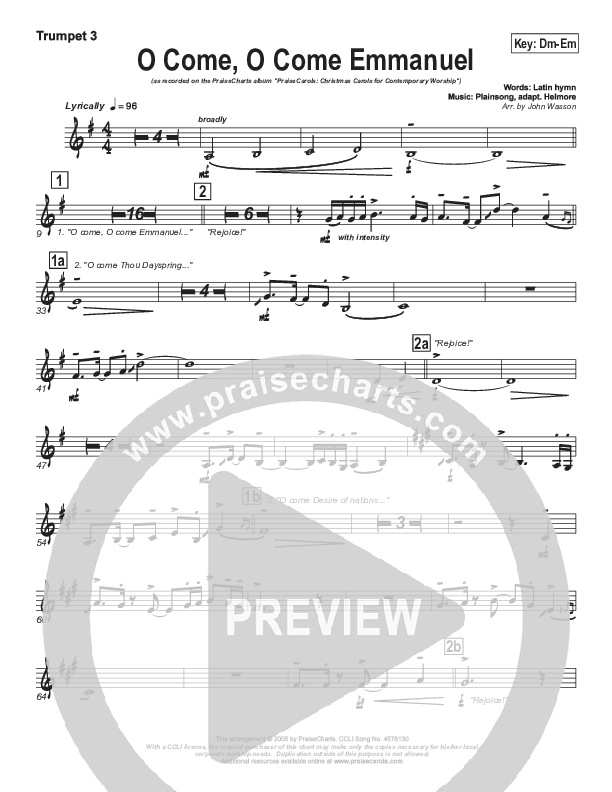 O Come O Come Emmanuel Trumpet 3 (PraiseCharts Band / Arr. John Wasson)