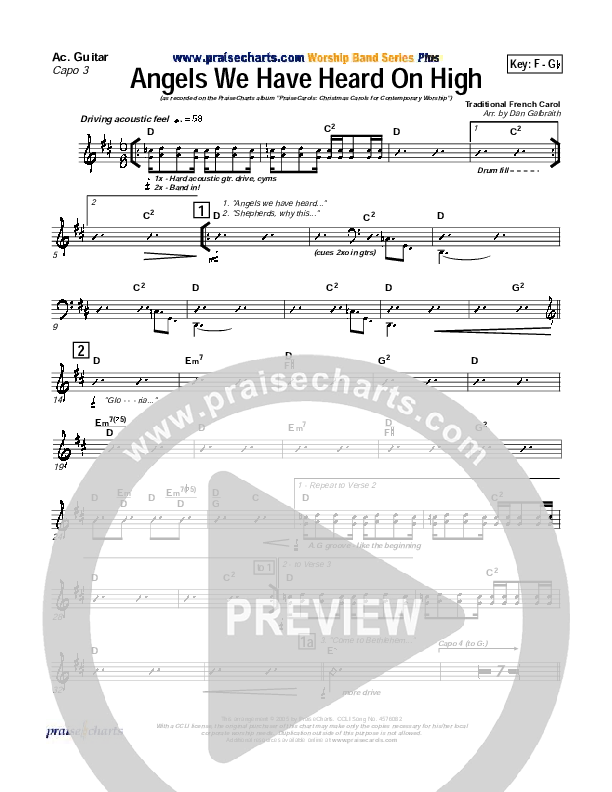 Angels We Have Heard On High Acoustic Guitar (Capo 3) (PraiseCharts Band / Arr. Daniel Galbraith)