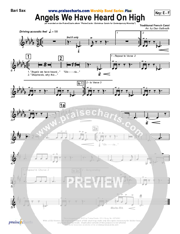 Angels We Have Heard On High Bari Sax (PraiseCharts Band / Arr. Daniel Galbraith)