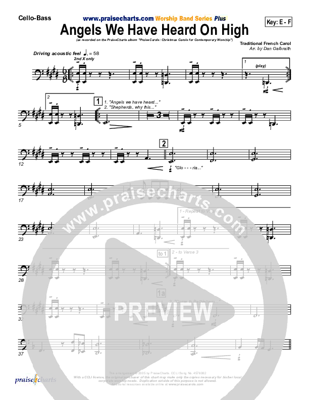 Angels We Have Heard On High Cello/Bass (PraiseCharts Band / Arr. Daniel Galbraith)