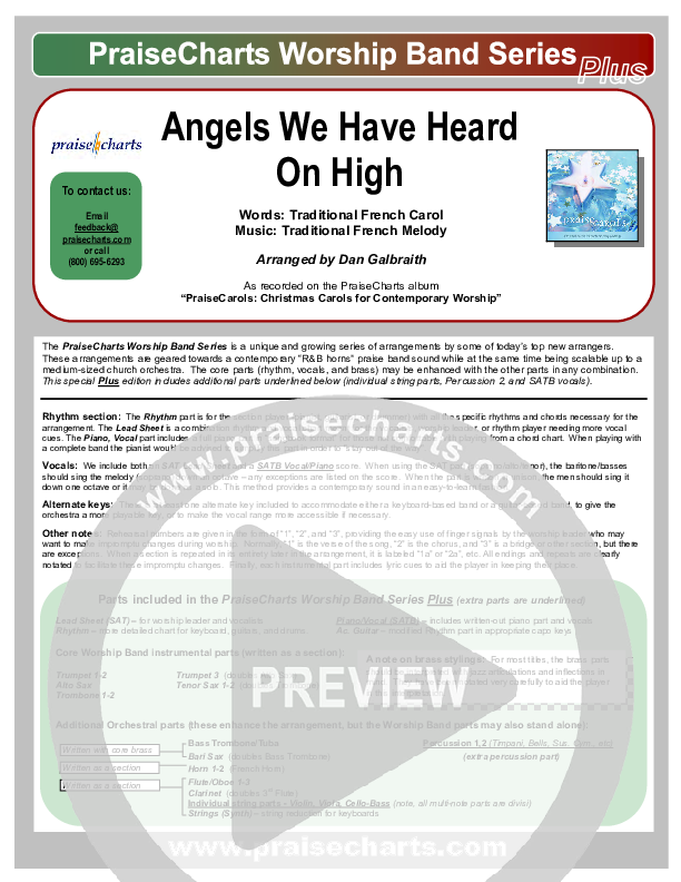 Angels We Have Heard On High Cover Sheet (PraiseCharts Band / Arr. Daniel Galbraith)