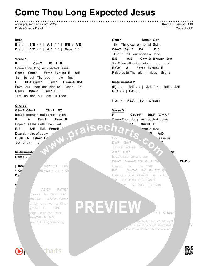 Come Thou Long Expected Jesus Chords & Lyrics (PraiseCharts Band / Arr. John Wasson)