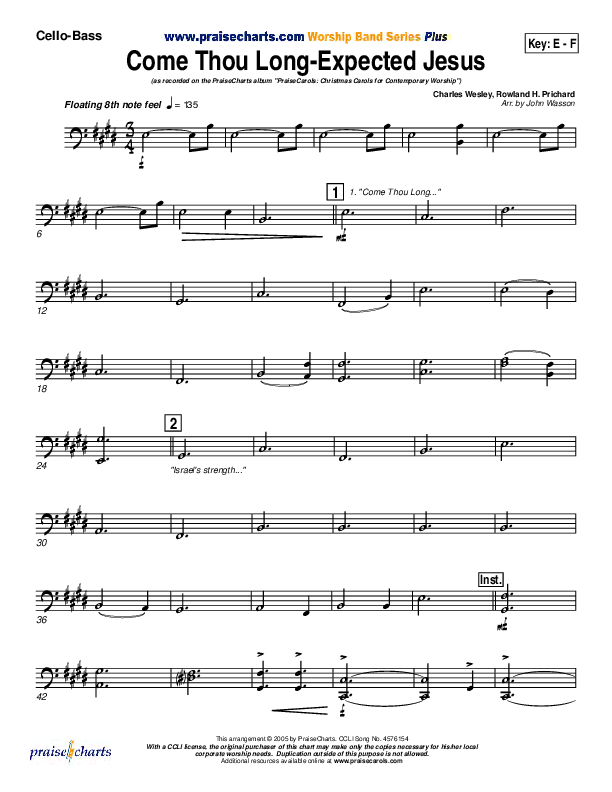 Come Thou Long Expected Jesus Cello/Bass (PraiseCharts Band / Arr. John Wasson)