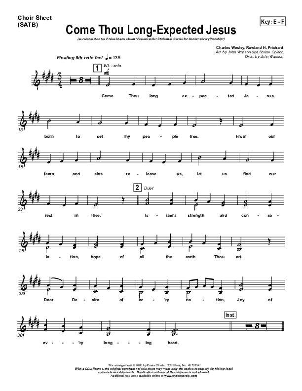 Come Thou Long Expected Jesus Choir Vocals (SATB) (PraiseCharts Band / Arr. John Wasson)