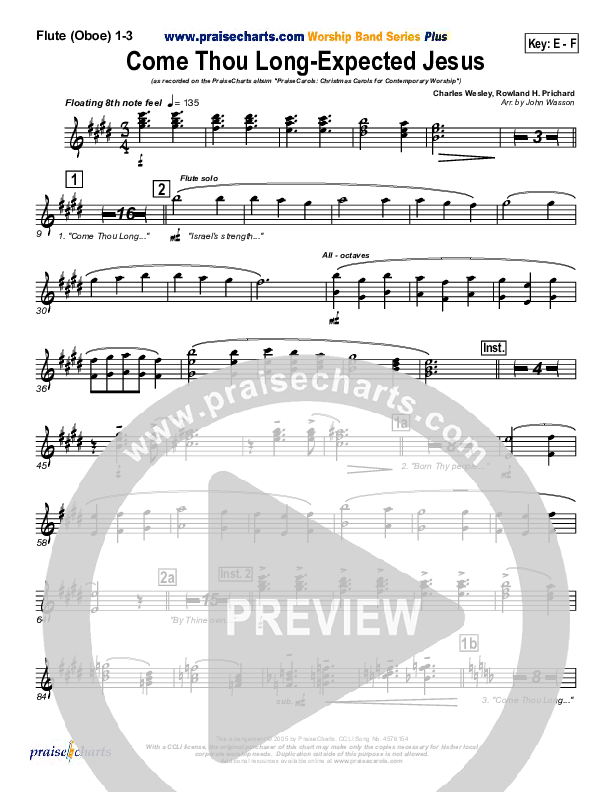 Come Thou Long Expected Jesus Flute/Oboe 1/2/3 (PraiseCharts Band / Arr. John Wasson)