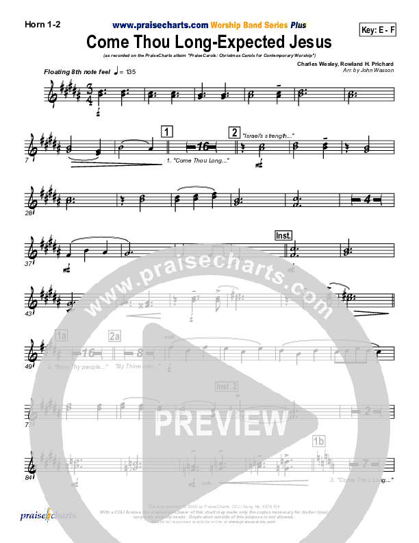 Come Thou Long Expected Jesus French Horn 1/2 (PraiseCharts Band / Arr. John Wasson)