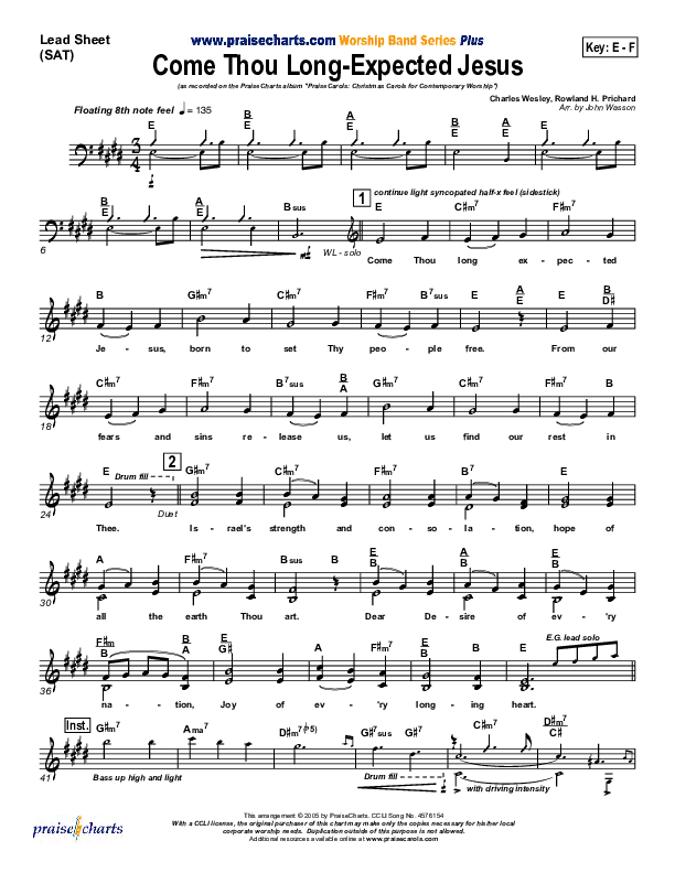 Come Thou Long Expected Jesus Lead Sheet (SAT) (PraiseCharts Band / Arr. John Wasson)
