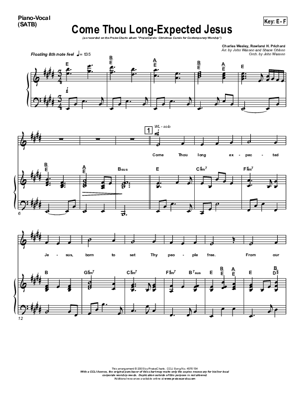 Come Thou Long Expected Jesus Piano/Vocal Pack (PraiseCharts Band / Arr. John Wasson)