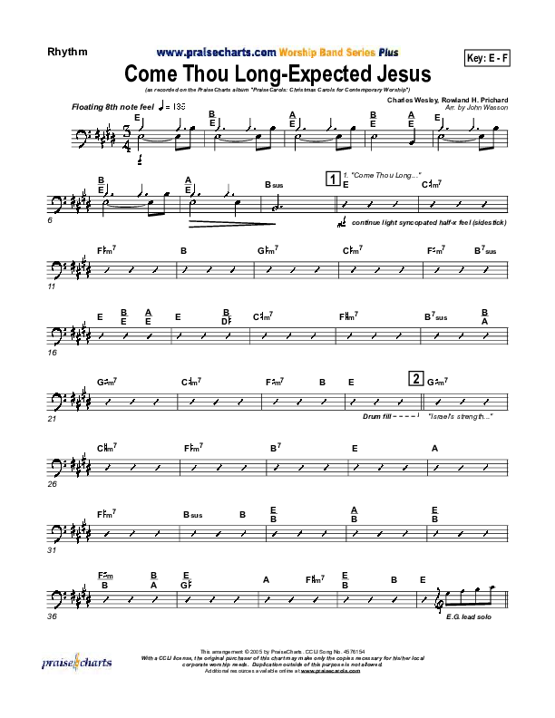Come Thou Long Expected Jesus Rhythm Chart (PraiseCharts Band / Arr. John Wasson)