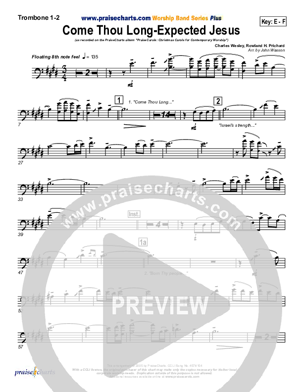 Come Thou Long Expected Jesus Trombone 1/2 (PraiseCharts Band / Arr. John Wasson)