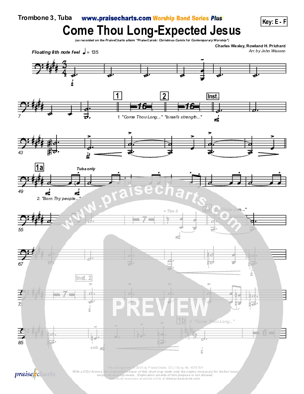 Come Thou Long Expected Jesus Trombone 3/Tuba (PraiseCharts Band / Arr. John Wasson)