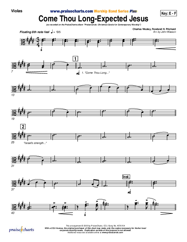 Come Thou Long Expected Jesus Viola (PraiseCharts Band / Arr. John Wasson)