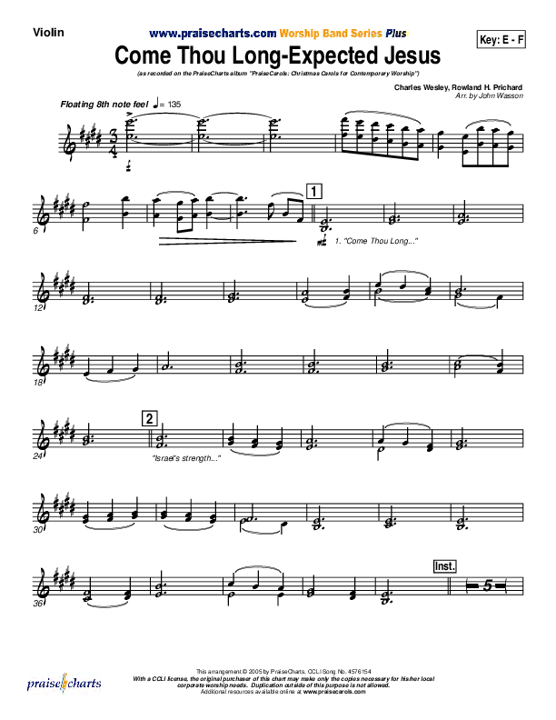 Come Thou Long Expected Jesus Violins (PraiseCharts Band / Arr. John Wasson)