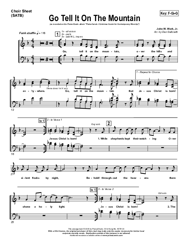 Go Tell It On The Mountain Choir Sheet (SATB) (PraiseCharts Band / Arr. Daniel Galbraith)