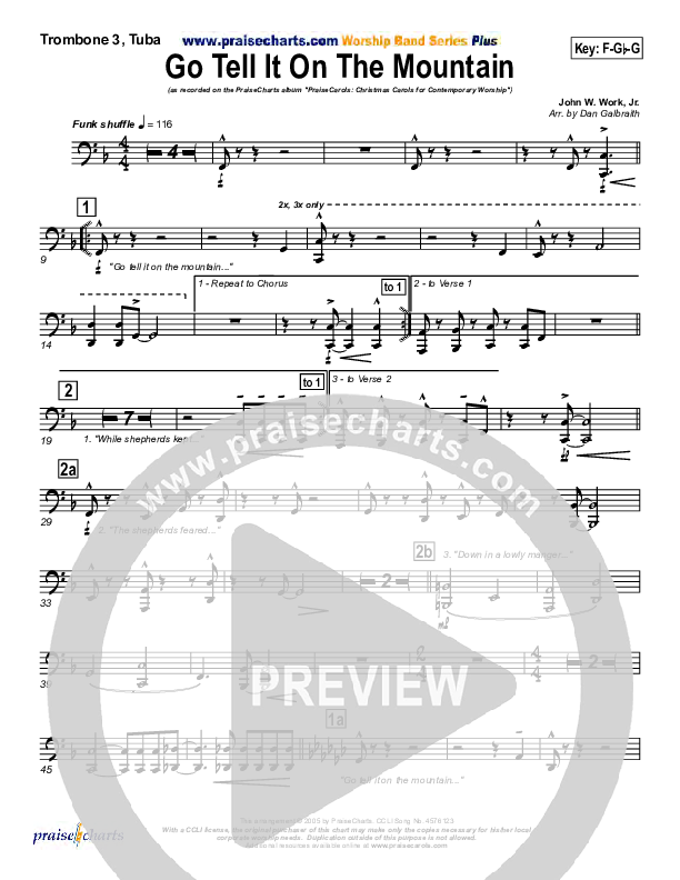 Go Tell It On The Mountain Trombone 3/Tuba (PraiseCharts Band / Arr. Daniel Galbraith)