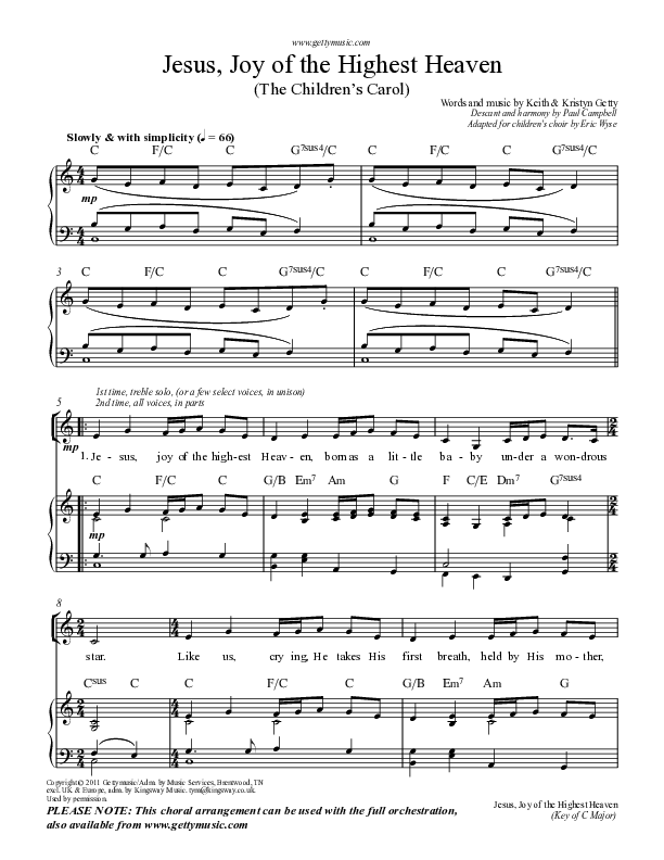 Jesus Joy Of The Highest Heaven (The Children's Carol) Piano/Vocal (Keith & Kristyn Getty)