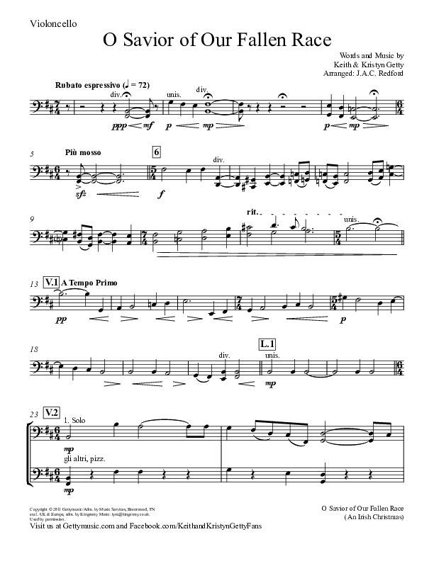 O Savior Of Our Fallen Race Violincello (Keith & Kristyn Getty)