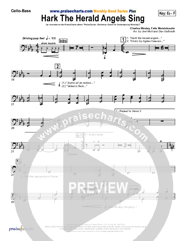 Hark The Herald Angels Sing Cello/Bass (PraiseCharts Band / Arr. Daniel Galbraith / Joel Mott)