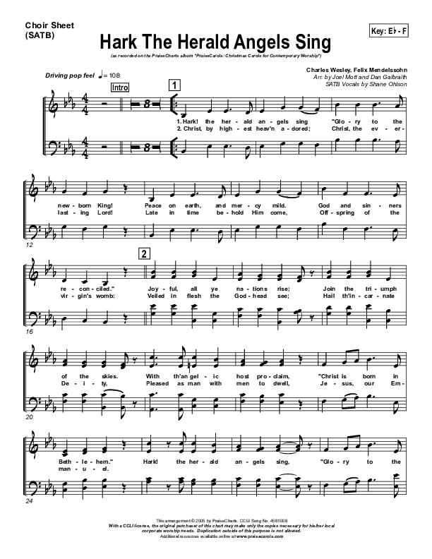 Hark The Herald Angels Sing Choir Vocals (SATB) (PraiseCharts Band / Arr. Daniel Galbraith / Joel Mott)