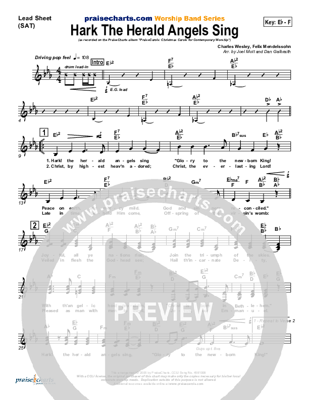 Hark The Herald Angels Sing Lead Sheet (SAT) (PraiseCharts Band / Arr. Daniel Galbraith / Joel Mott)