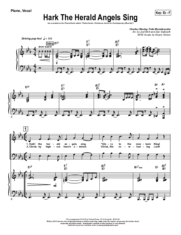 Hark The Herald Angels Sing Piano/Vocal (SATB) (PraiseCharts Band / Arr. Daniel Galbraith / Joel Mott)