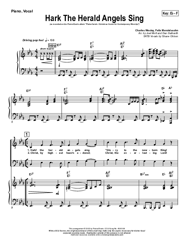Hark The Herald Angels Sing Piano/Vocal (PraiseCharts Band / Arr. Daniel Galbraith / Joel Mott)