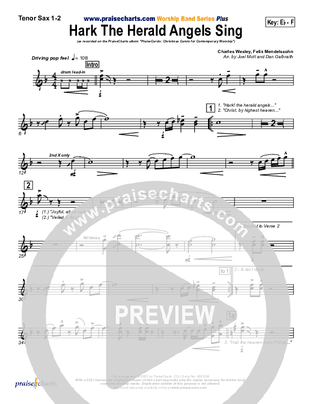 Hark The Herald Angels Sing Tenor Sax 1/2 (PraiseCharts Band / Arr. Daniel Galbraith / Joel Mott)