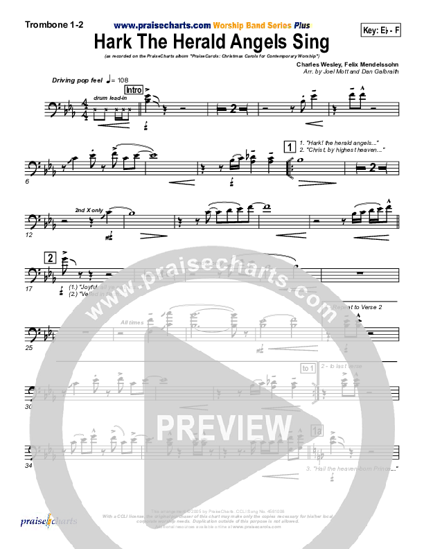 Hark The Herald Angels Sing Trombone 1/2 (PraiseCharts Band / Arr. Daniel Galbraith / Joel Mott)