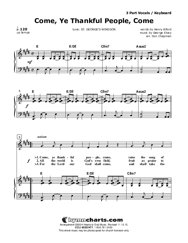 Come Ye Thankful People Come Piano/Vocal (SAT) (Don Chapman)